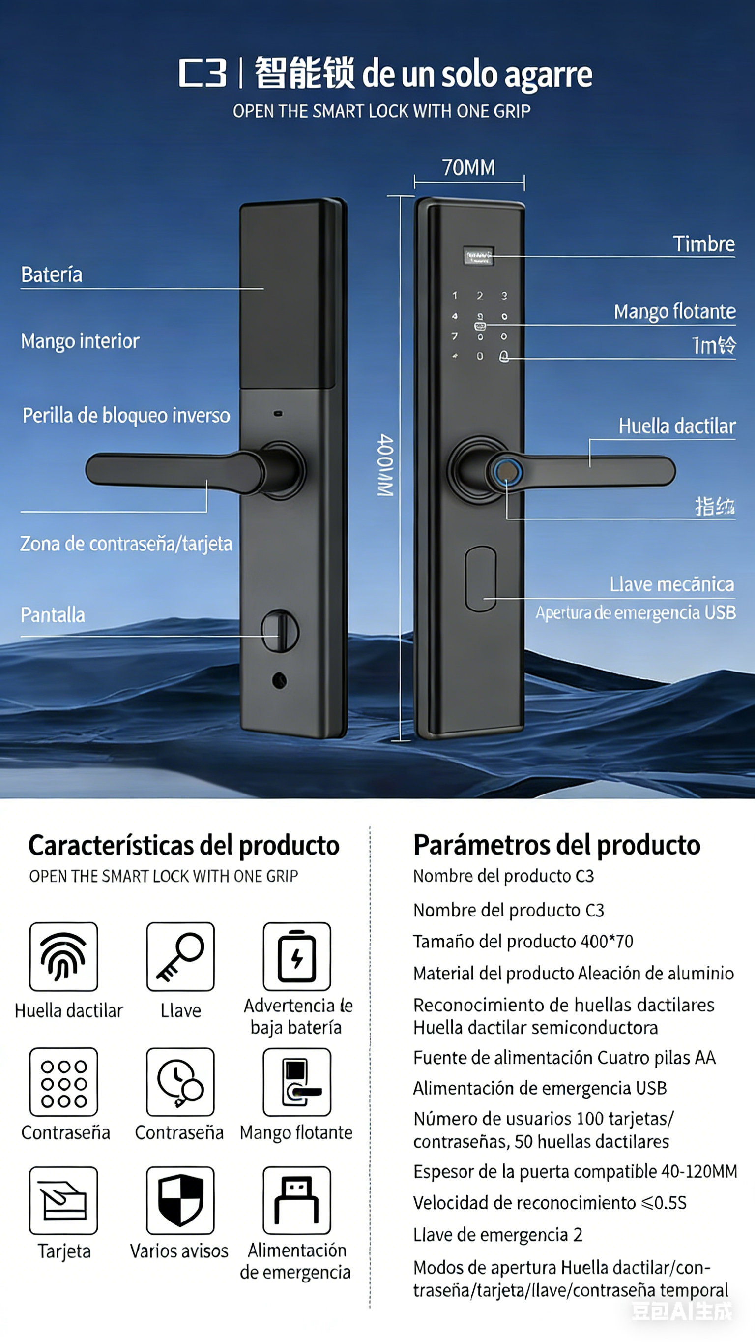 Cerradura inteligente con reconocimiento facial + huella + APP (C3 / H17 / H18 / H20) Imagen principal del producto