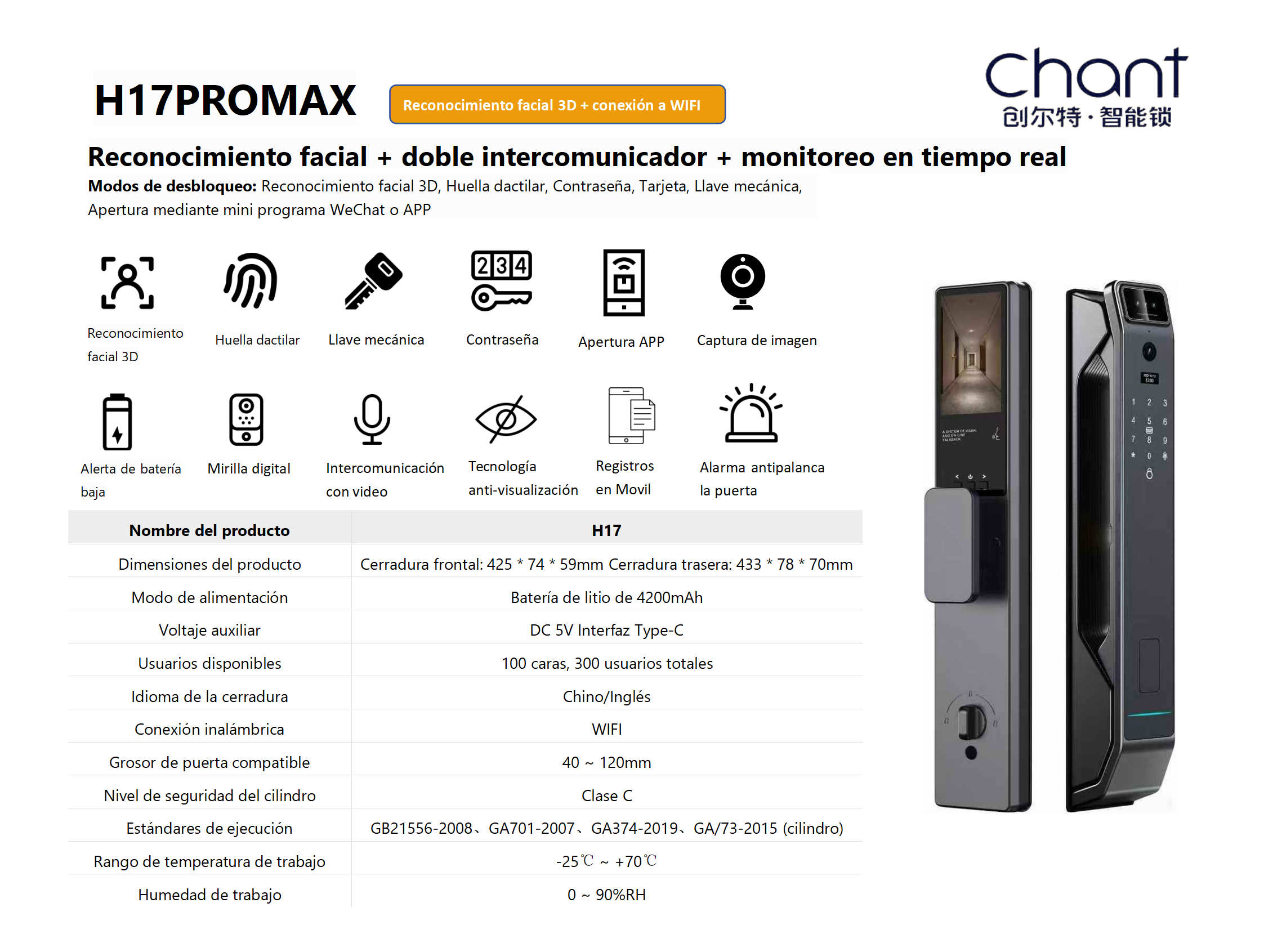 Cerradura inteligente con reconocimiento facial + huella + APP (C3 / H17 / H18 / H20)