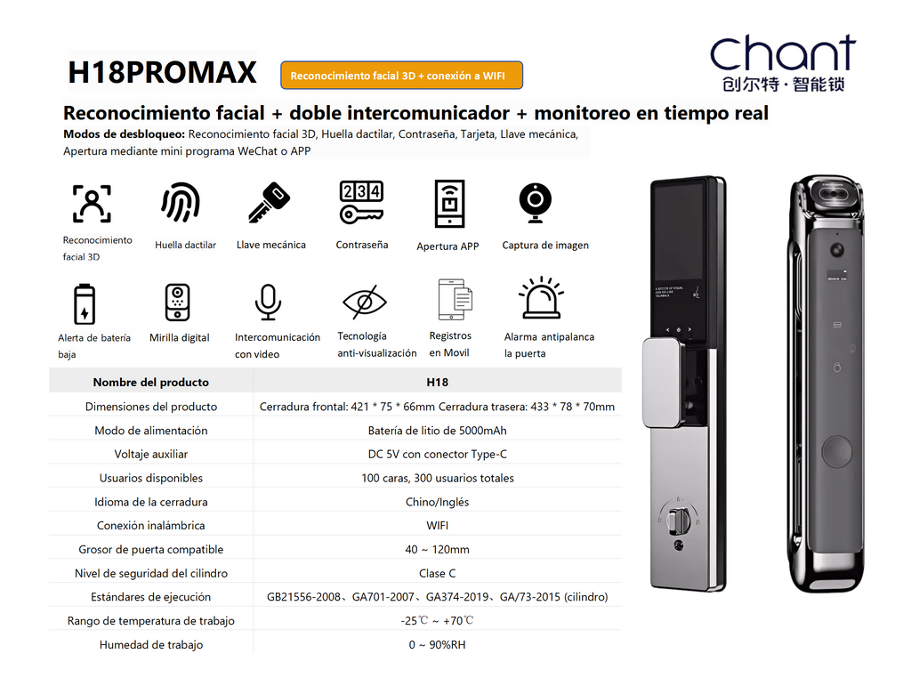 Cerradura inteligente con reconocimiento facial + huella + APP (C3 / H17 / H18 / H20)
