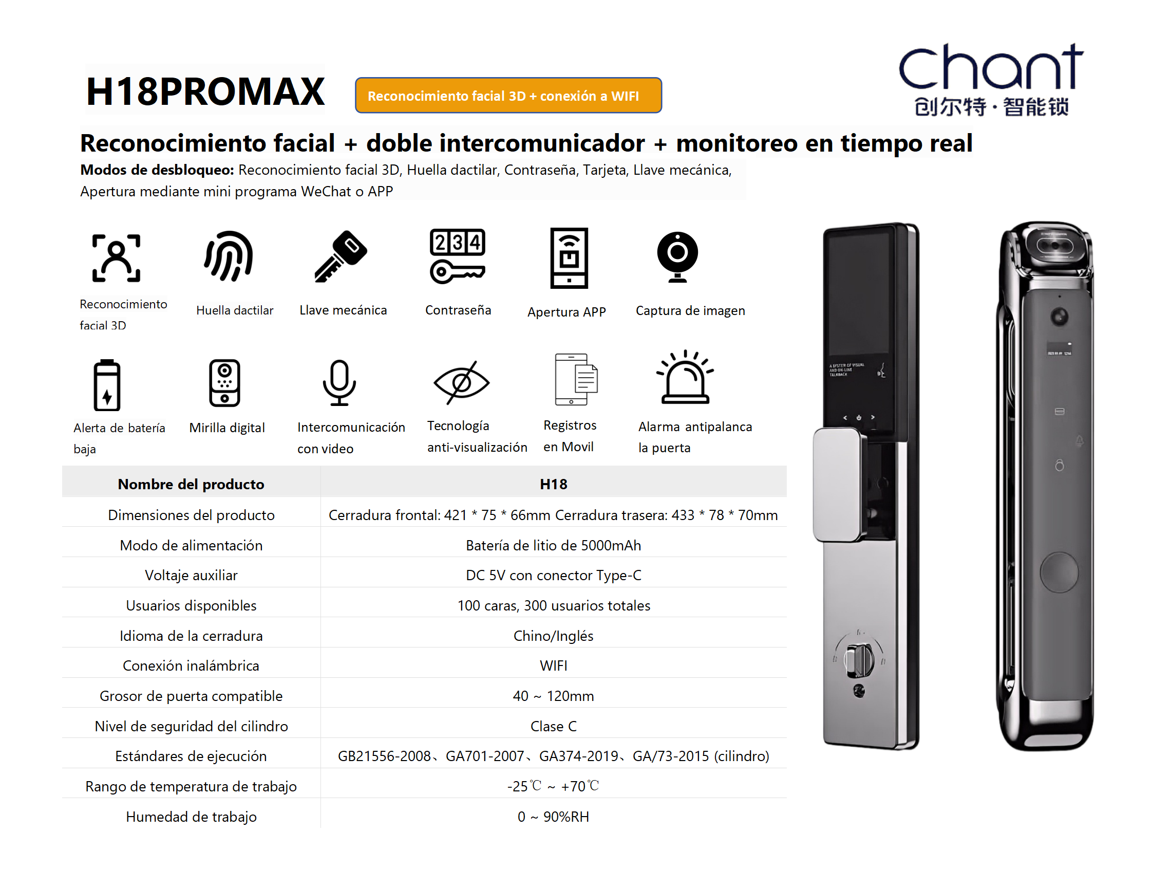Cerradura inteligente con reconocimiento facial + huella + APP (C3 / H17 / H18 / H20)