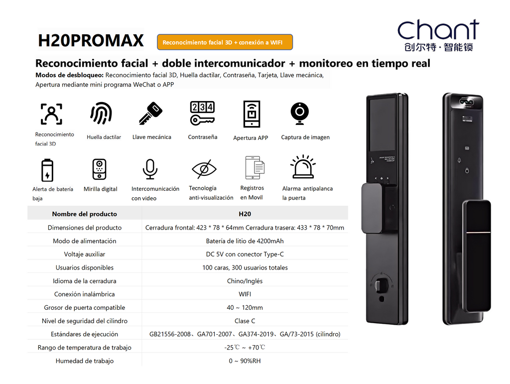 Cerradura inteligente con reconocimiento facial + huella + APP (C3 / H17 / H18 / H20)